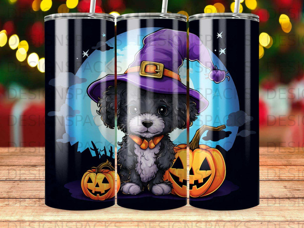 Black dog in witch hat with pumpkins and moon.