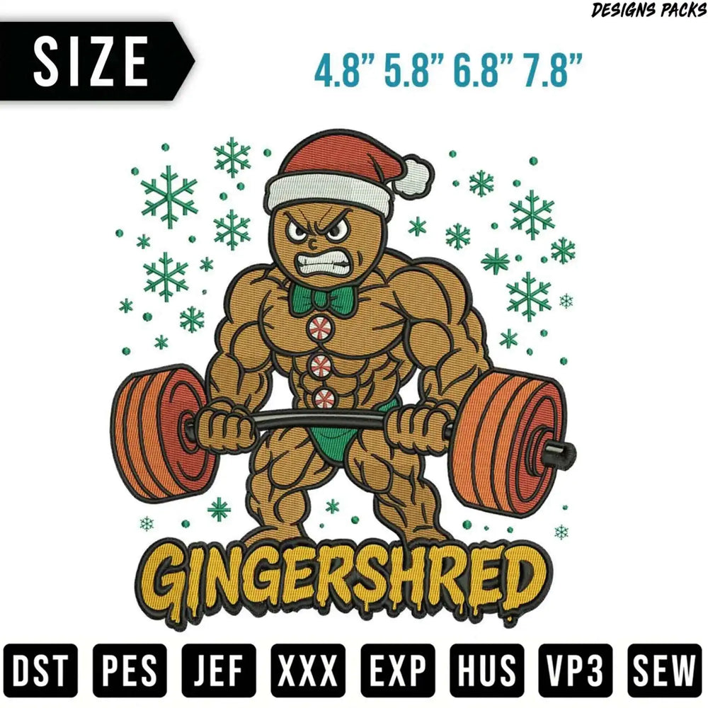 Muscular gingerbread man with Santa hat lifting weights, text GINGERSHRED.