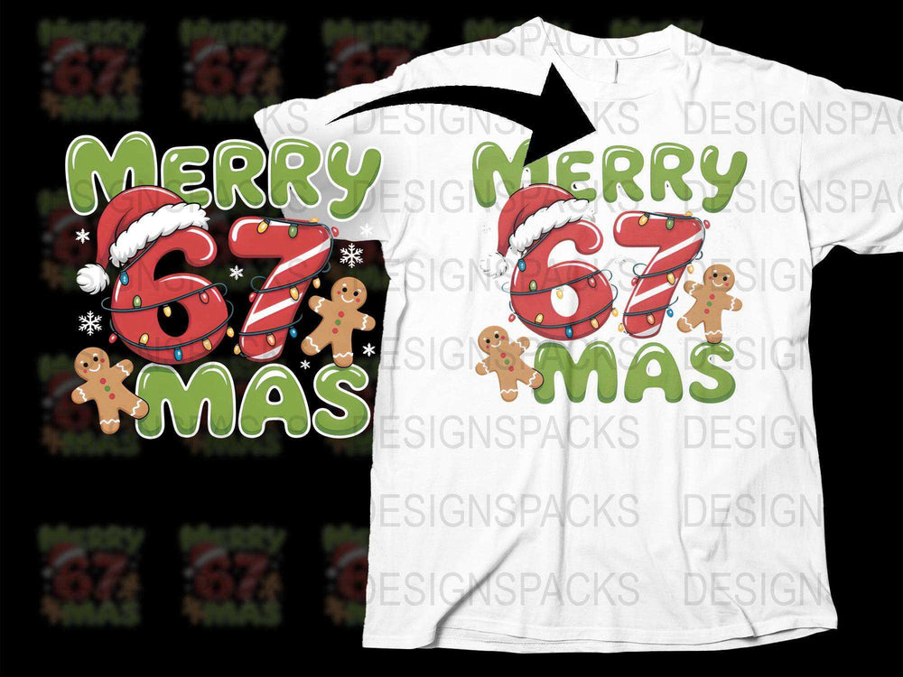 Merry 67Mas T-Shirt, Cute Christmas Holiday Tee, Santa Hat, Gingerbread Cookies Graphic, Festive Apparel