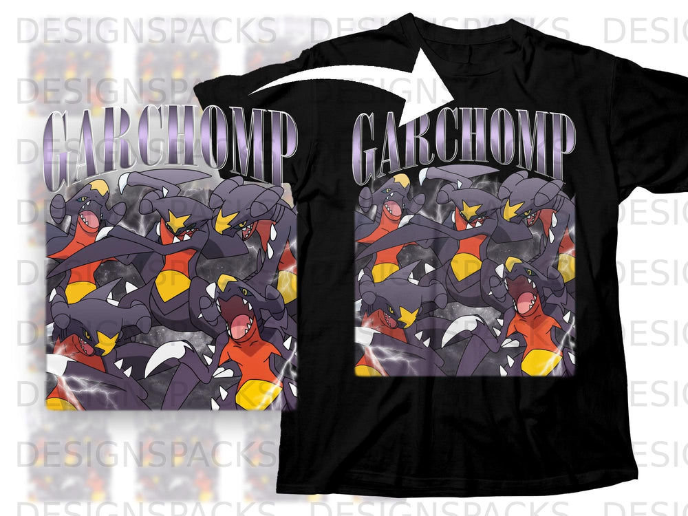 Black t-shirt with "Garchomp" text and multiple Garchomp Pokémon graphics.