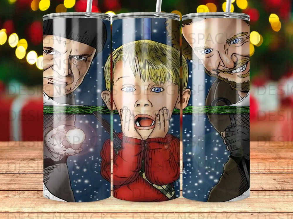 Kevin McCallister in Home Alone with burglars Harry and Marv.