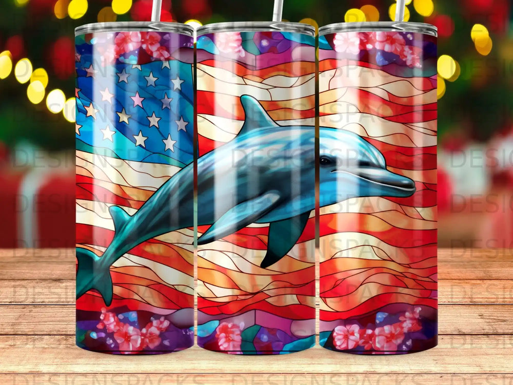 Dolphin against a stained-glass American flag with floral accents.
