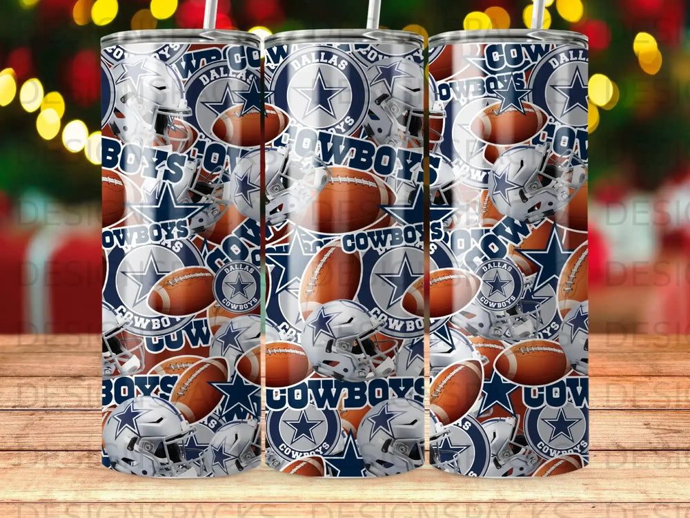 Dallas Cowboys helmet and football pattern on three tumblers.
