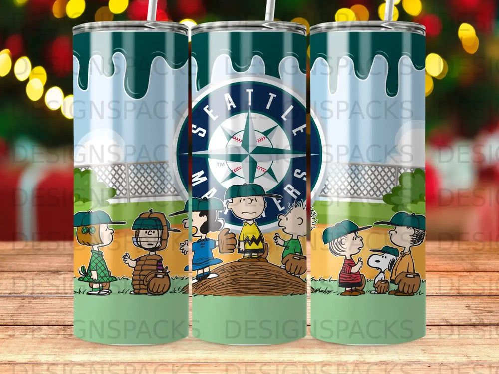 Seattle Mariners logo with cartoon characters in baseball uniforms around a tumbler.