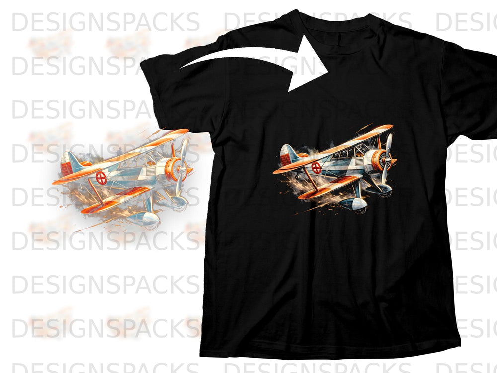 Black t-shirt with vintage biplane graphic and a white arrow pointing towards it.