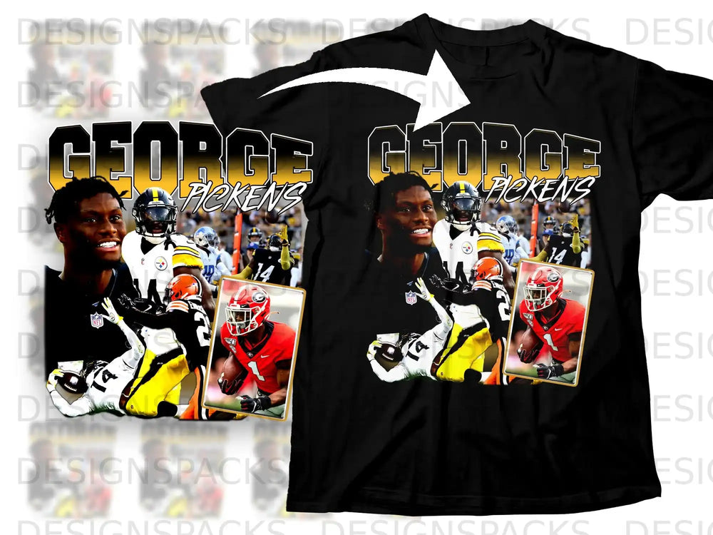 Black t-shirt featuring George Pickens with collage of football player images.