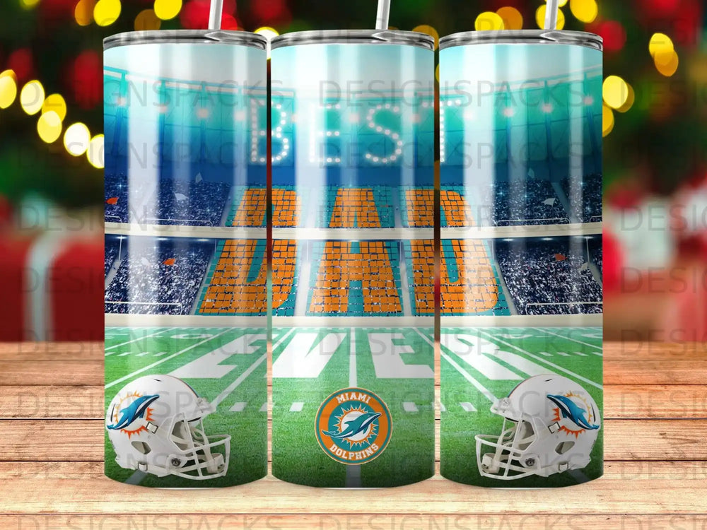 Miami Dolphins football helmets and stadium design on a tumbler.