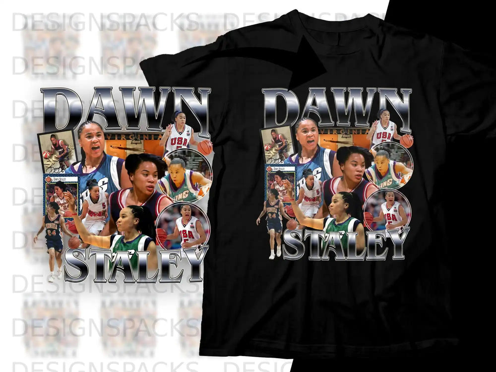 T-shirt with Dawn Staley collage featuring basketball photos and "Dawn Staley" text.