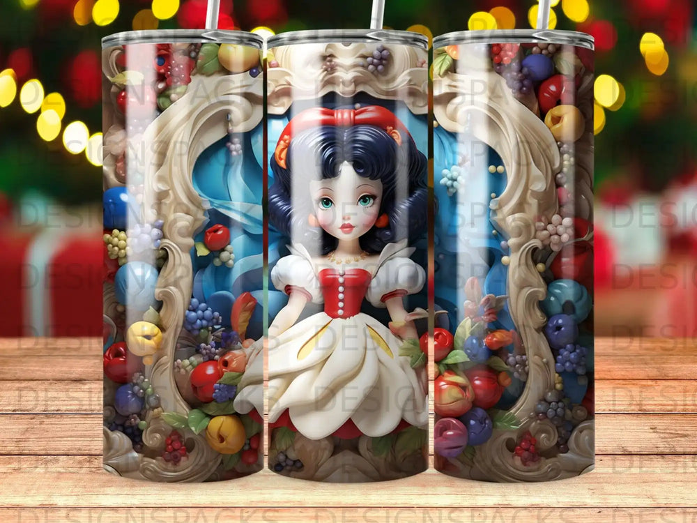 Snow White with apples and berries on a decorative frame.