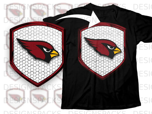 Bold Red Bird Logo Design on Reflective Shield Shirt