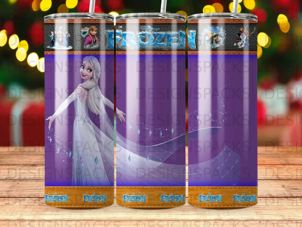 Frozen tumbler with Elsa and Olaf illustrations and repeating text.