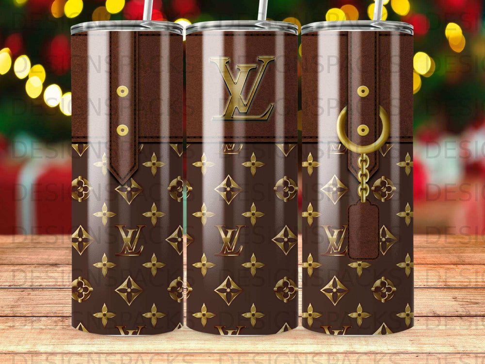 Brown tumbler with repeating Louis Vuitton logo pattern and gold chain detail.