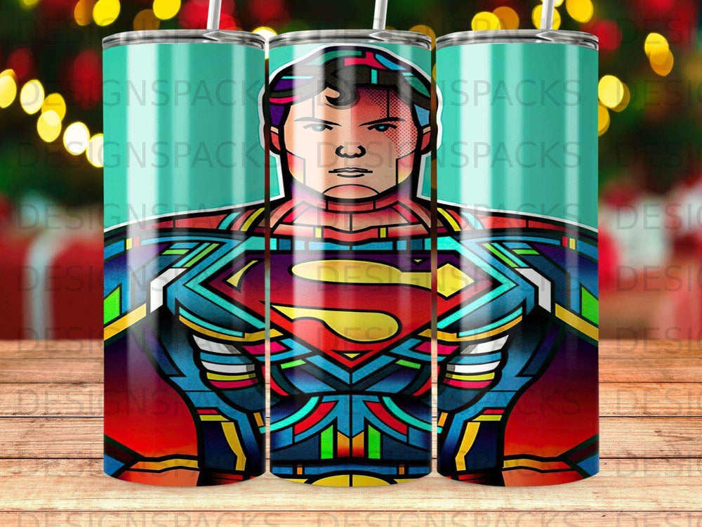 Superman logo on a colorful, abstract geometric tumbler.