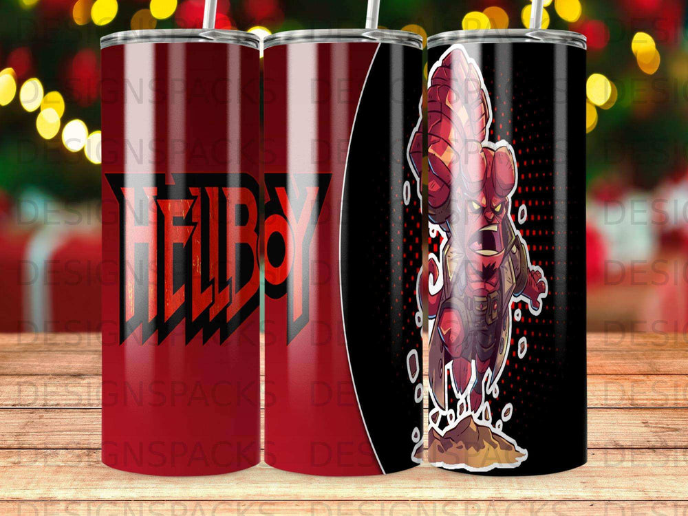 Hellboy character on a black tumbler with red and white lettering.