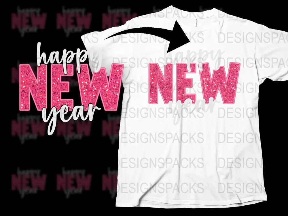 Happy New Year Glitter Text White T-Shirt, Festive Holiday Fashion, Unisex Party Celebration Top
