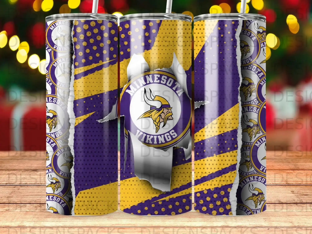 Minnesota Vikings logo on a purple and yellow striped tumbler with distressed overlay.