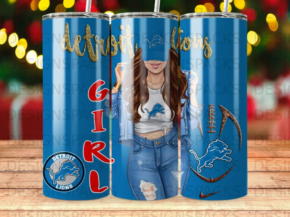 Detroit Lions girl wearing team apparel with logo, denim jacket, and jeans.