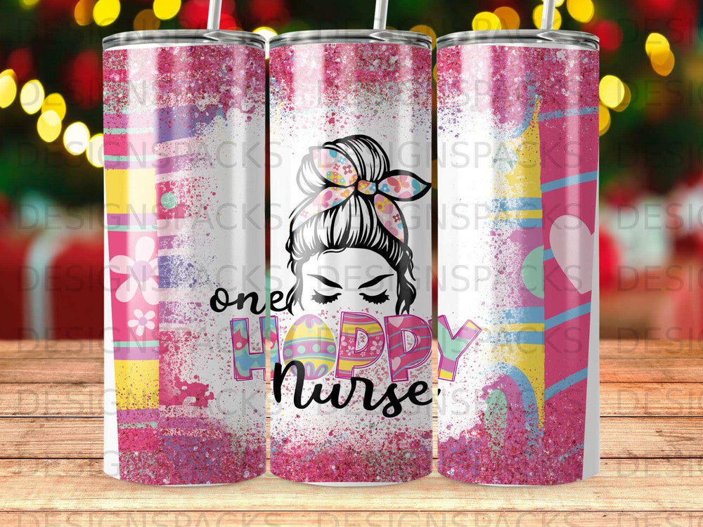 Pink glitter tumbler with "one happy nurse" text and Easter bunny ears.