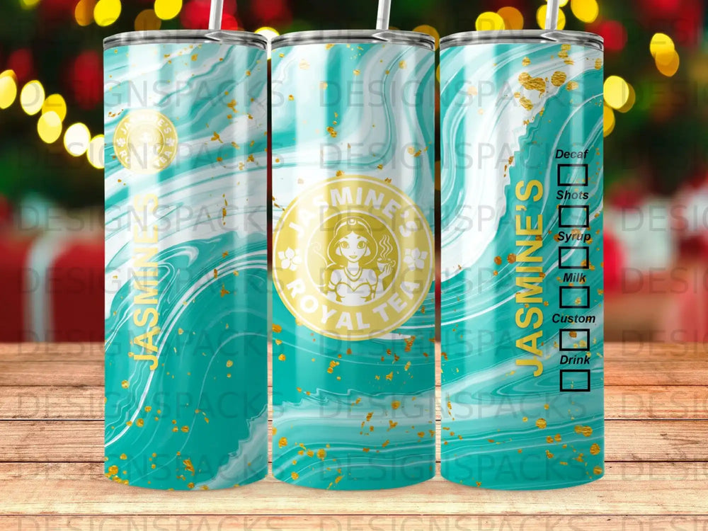 Turquoise tumbler with "JASMINE'S ROYAL TEA" and drink options.