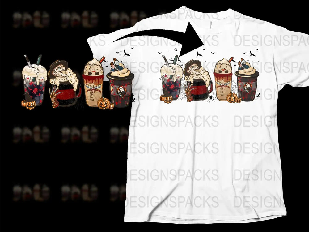 Halloween Themed T-Shirt with Spooky Coffee Cups and Bats Graphic Design, Unisex Adult Sizes