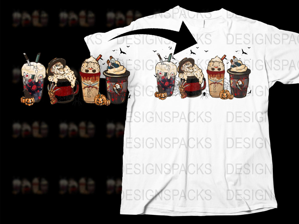 Halloween Themed T-Shirt with Spooky Coffee Cups and Bats Graphic Design, Unisex Adult Sizes