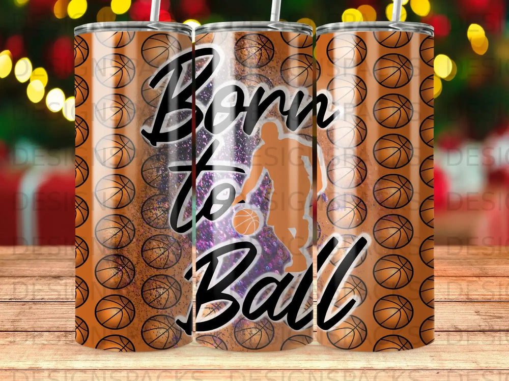 Tumbler with "Born to Ball" basketball design and scattered basketballs.