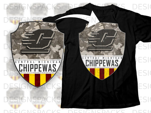 Black t-shirt with Central Michigan Chippewas shield logo and camouflage background.