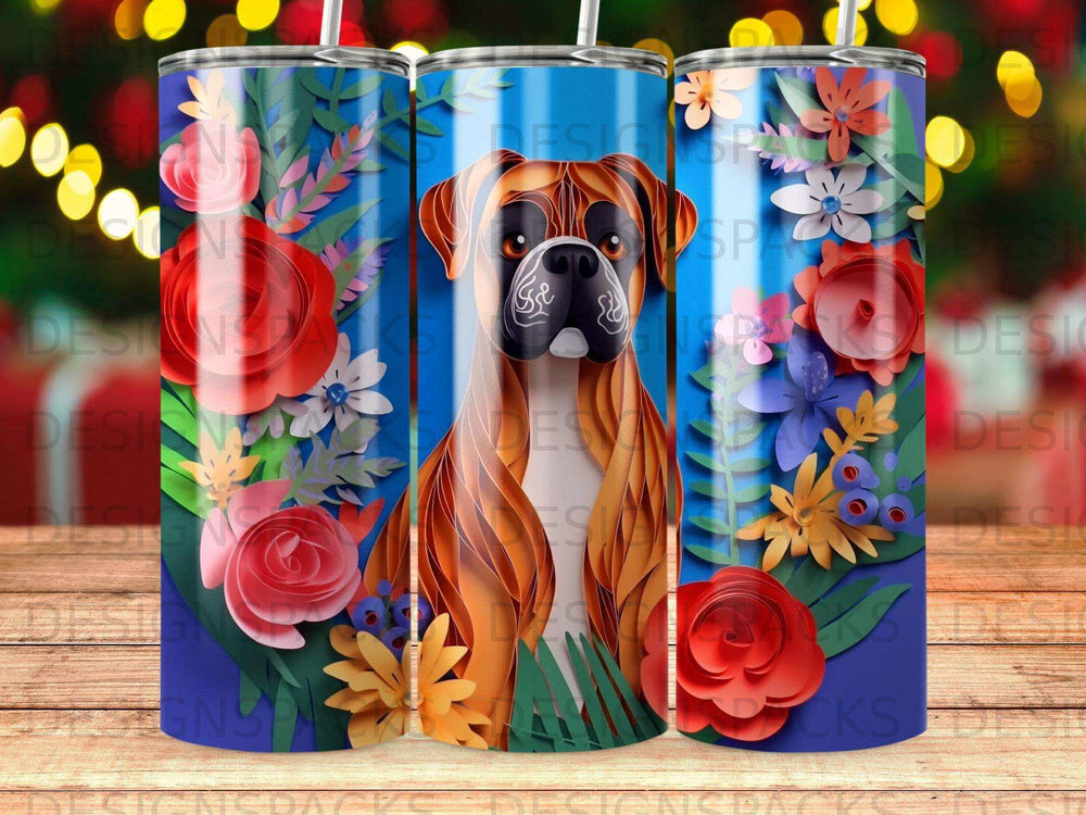 Boxer dog surrounded by colorful flowers and leaves.