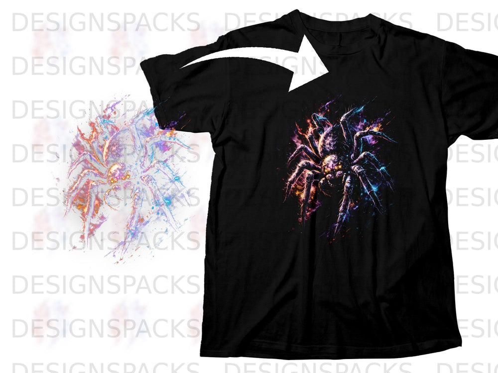Black t-shirt with a colorful abstract spider graphic on the chest.