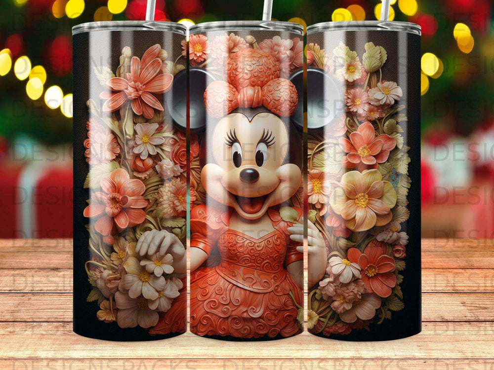 Minnie Mouse with floral accents on a patterned tumbler.