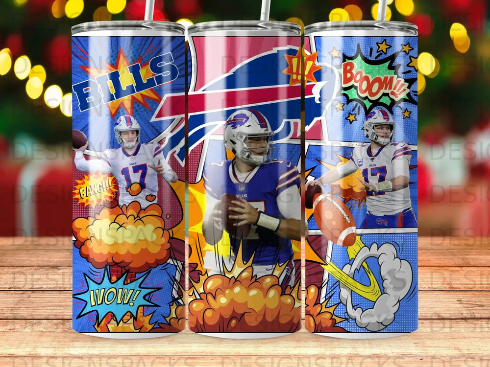 Buffalo Bills player Josh Allen in comic book style with "WOW!" and "BANG!!!!" sound effects.