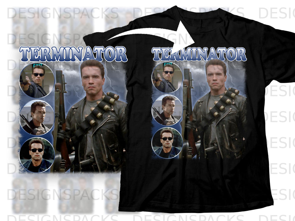 Black t-shirt featuring Arnold Schwarzenegger as Terminator with multiple images and the word "Terminator."