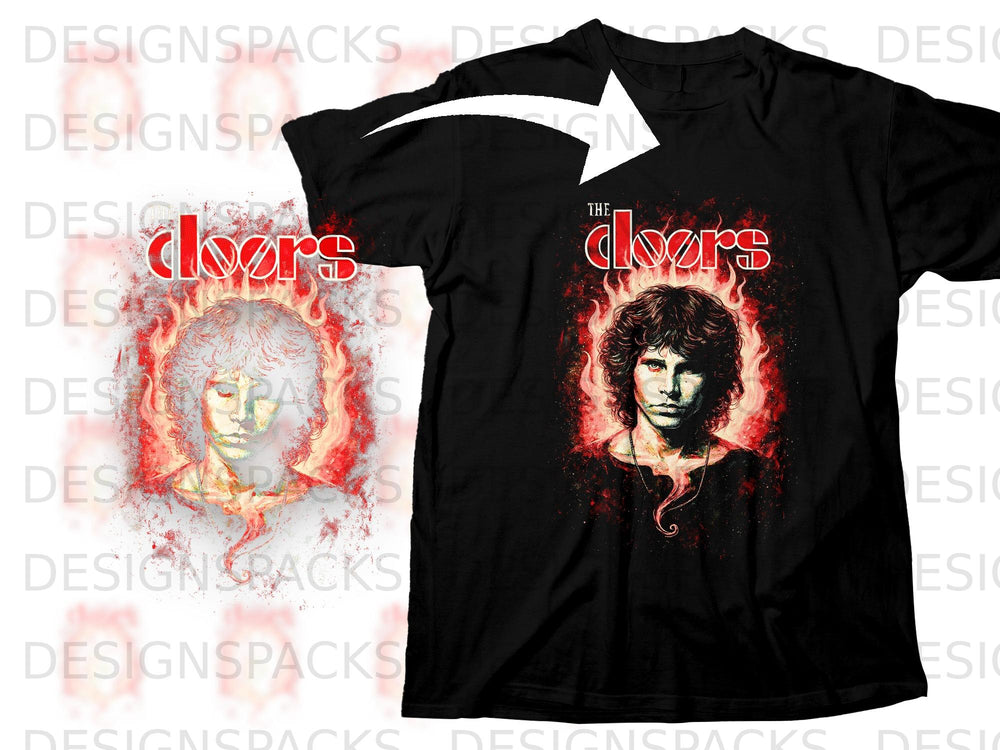 Black t-shirt with The Doors logo and Jim Morrison artwork surrounded by flames.