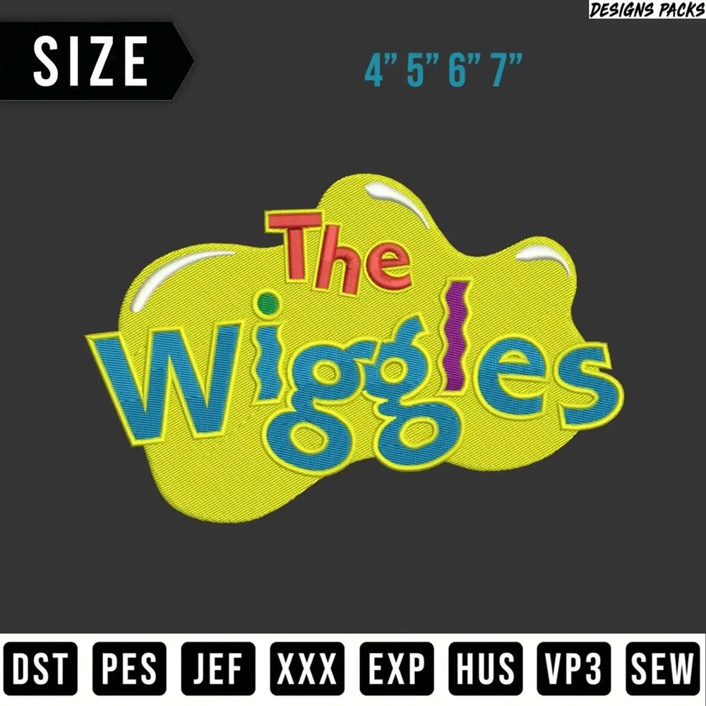 The Wiggles logo in embroidered letters, with size options.