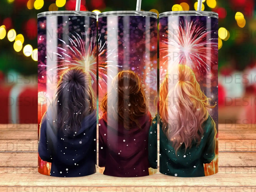 Three women with long hair watch fireworks, their backs to the viewer.