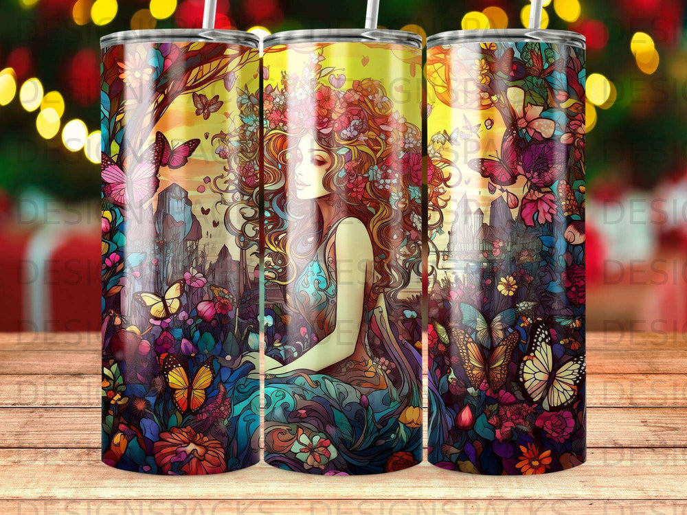 Woman with floral hair in enchanted forest with butterflies and city skyline.