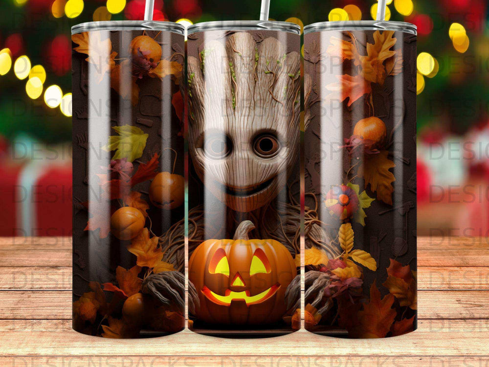 Groot character with pumpkin in autumn leaves, repeated three times.