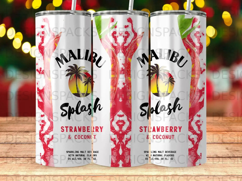 Three Malibu Splash Strawberry cans with palm trees and fruit on a white background.