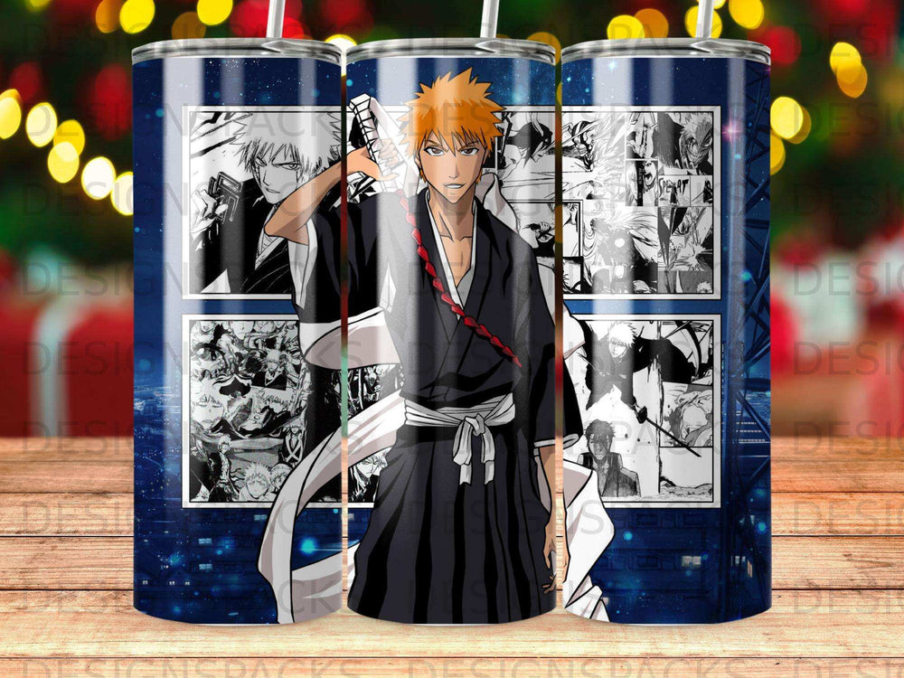 Ichigo Kurosaki from Bleach anime illustration on a blue background.