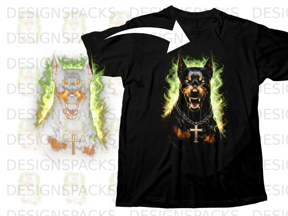 Black t-shirt with a Doberman wearing a cross necklace surrounded by green flames.