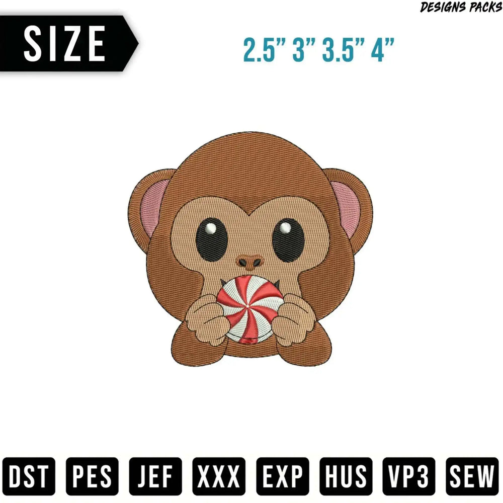 Cartoon monkey with lollipop, sizes 2.5" to 4" shown.