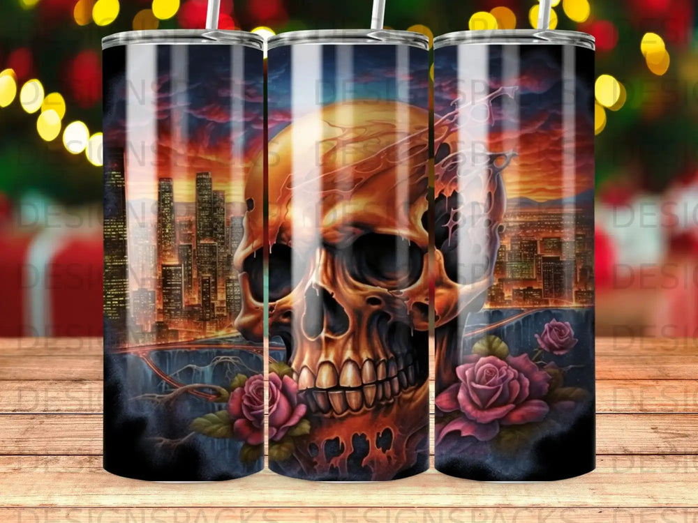Skull with glowing eyes and roses against a cityscape at sunset.