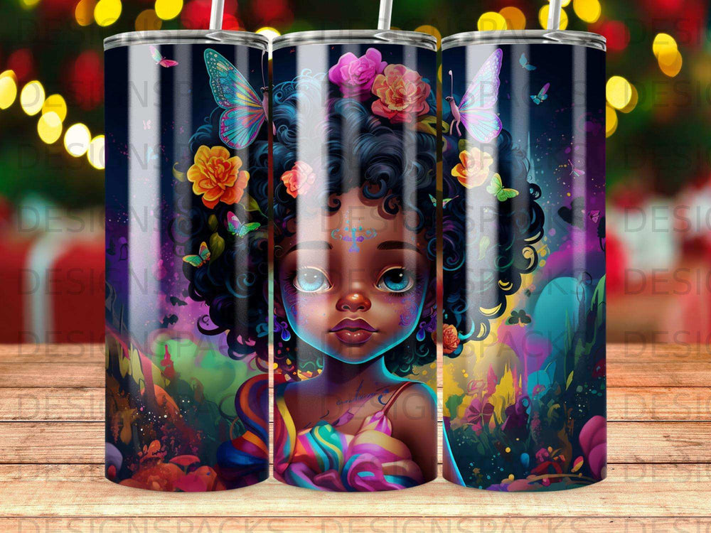 Stylized illustration of a Black girl with butterflies and flowers in her hair.