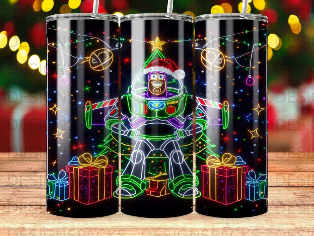 Buzz Lightyear character with Christmas tree and gifts, outlined in neon lights.