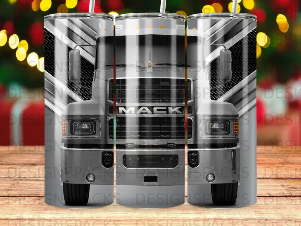 Mack truck grille with diagonal pattern background.