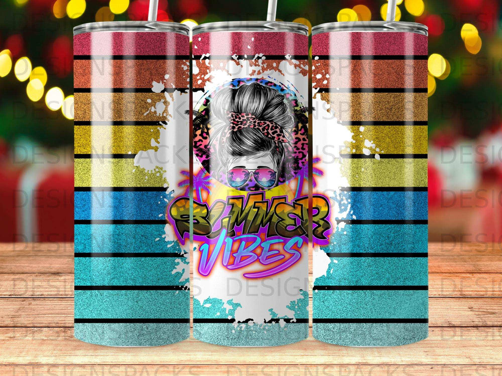 Summer vibes tumbler with colorful stripes and distressed texture.