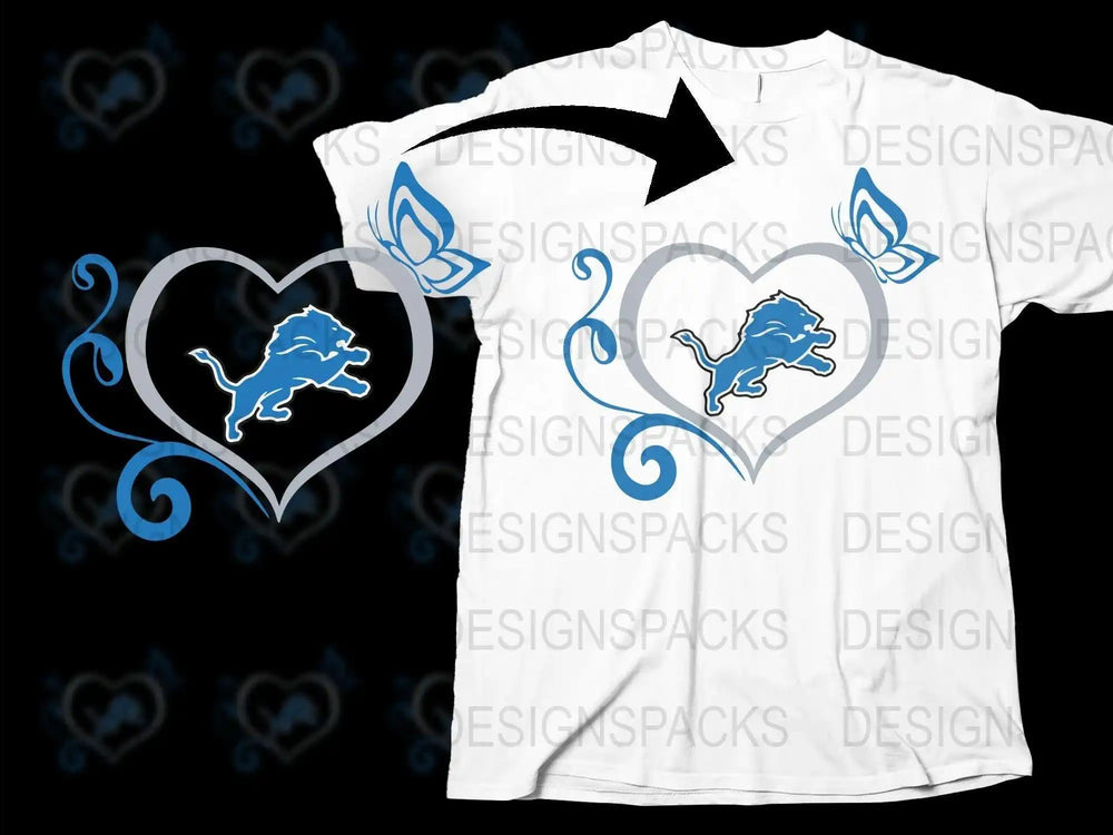 Detroit Lions Graphic T-Shirt, Blue Heart Lion Design, Casual Fan Apparel, Unisex White Tee