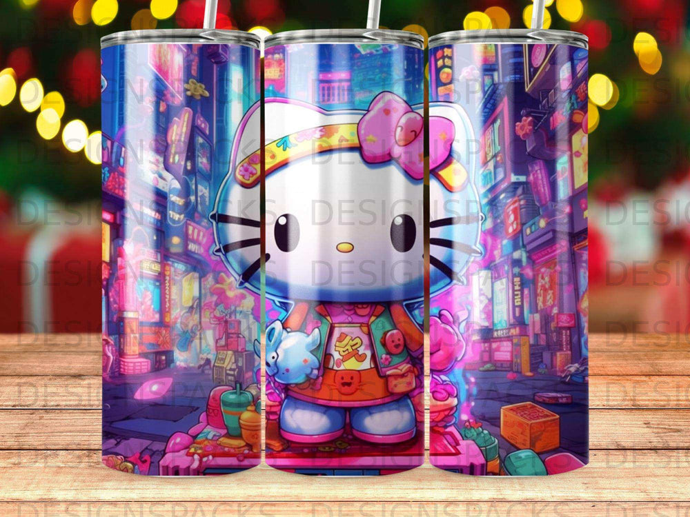 Hello Kitty character in a vibrant, neon-lit city street scene.