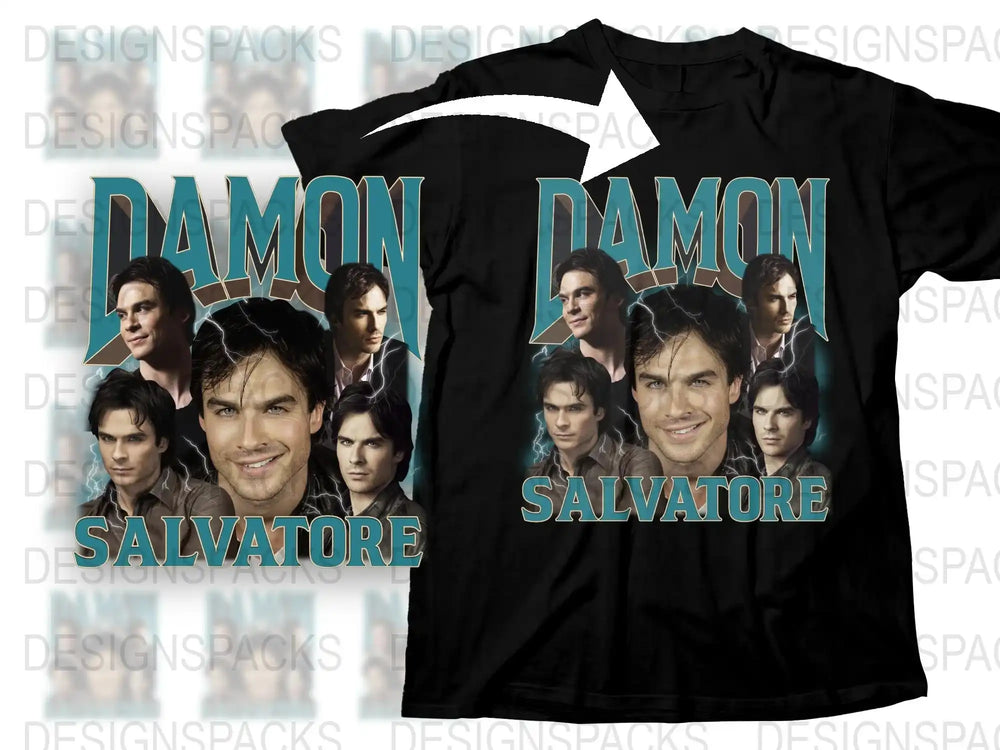 Damon Salvatore T-Shirt, Vampire Diaries Inspired Fan Tee, Multiple Poses Print, Black Cotton Shirt, TV Show Merchandise