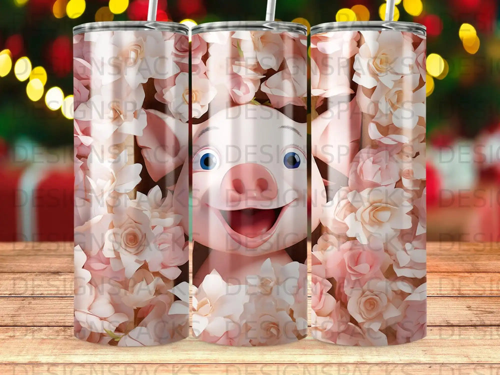 Pink floral tumbler with a smiling pig illustration.